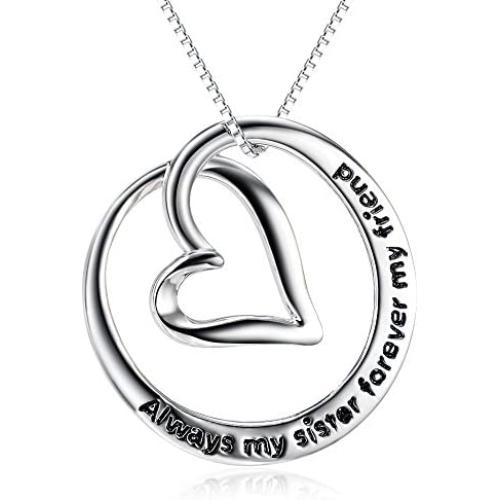 S925 Sterling Silver Always My Sister Forever My Friend Love Heart Pendant Necklace Bff Gift for Women Teen Girls