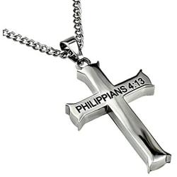 North Arrow Shop Philippians 4:13 Jewelry, Cross Necklace Strength Bible Verse, Stainless Steel with Ball Chain (24'' Curb Chain)