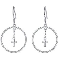 925 Sterling Silver Faith Cross Hoops Dangle Earrings Large Circle Dangling Religious Gift for Women