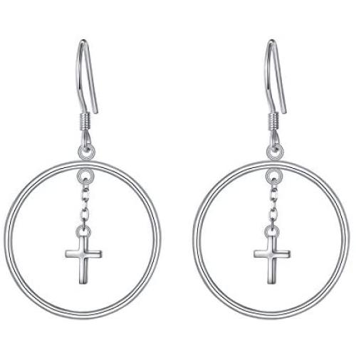 925 Sterling Silver Faith Cross Hoops Dangle Earrings Large Circle Dangling Religious Gift for Women