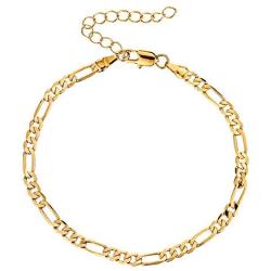 kelistom Gold Anklet for Women Men, 18K Gold Plated Figaro/Two Layer Beaded Chain Ankle Bracelets for Women with Extension
