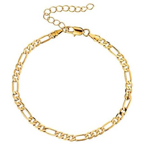 kelistom Gold Anklet for Women Men, 18K Gold Plated Figaro/Two Layer Beaded Chain Ankle Bracelets for Women with Extension