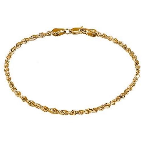 Pori Jewelers 10K Solid Gold 2.5mm Diamond Cut Rope Chain Bracelet or Anklet for Women - Lobster Clasp