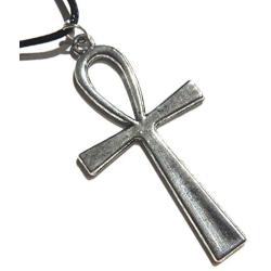 Silvertone Ankh Pendant on Black Cord Necklace Egyptian ansate Cross Amulet Death Cosplay