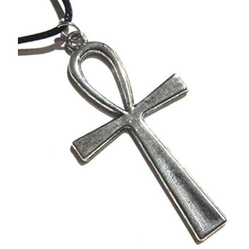 Silvertone Ankh Pendant on Black Cord Necklace Egyptian ansate Cross Amulet Death Cosplay