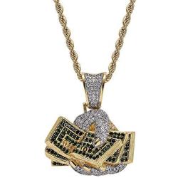 Moca Jewelry Iced Out Holding A US Dollar Pendant Necklace 18K Gold Plated Bling CZ Simulated Diamond Hip Hop Rapper Chain Necklace for Men Women