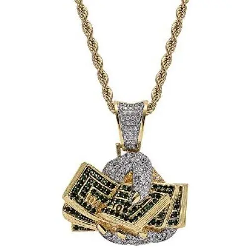 Moca Jewelry Iced Out Holding A US Dollar Pendant Necklace 18K Gold Plated Bling CZ Simulated Diamond Hip Hop Rapper Chain Necklace for Men Women