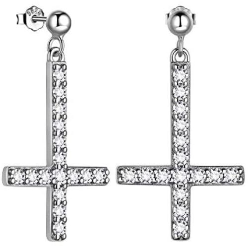 Women Mens Inverted Cross Earrings Zirconia Iced Out Upside Down Cross Dangle Earrings Sterling Silver/Black Metal/18K Gold Plated St. Peter Earrings Satanic Symbols Statement Jewelry