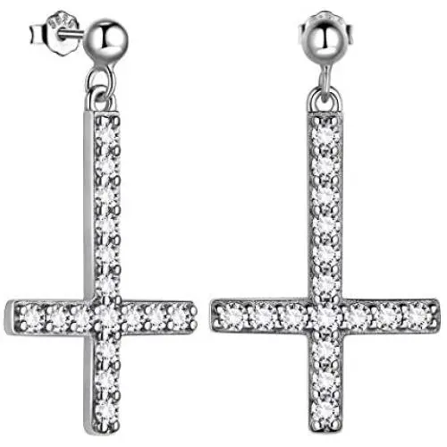 Women Mens Inverted Cross Earrings Zirconia Iced Out Upside Down Cross Dangle Earrings Sterling Silver/Black Metal/18K Gold Plated St. Peter Earrings Satanic Symbols Statement Jewelry