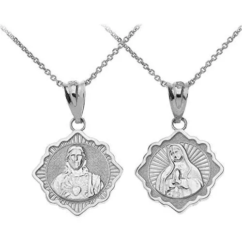 Catholic Charm Sterling Silver Immaculate Heart of Mary/Sacred Heart of Jesus Reversible Pendant Necklace Catholic Charm Sterling Silver Immaculate Heart of Mary/Sacred Heart of Jesus Reversible Pendant Necklace