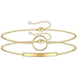 Turandoss Dainty Layered Bracelets for Women, 14K Gold Filled Adjustable Layering Bracelet Cute Evil Eye Bar Pearl Gold Layered Chain Bracelets for Women Jewelry
