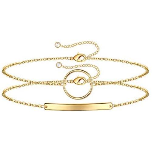 Turandoss Dainty Layered Bracelets for Women, 14K Gold Filled Adjustable Layering Bracelet Cute Evil Eye Bar Pearl Gold Layered Chain Bracelets for Women Jewelry
