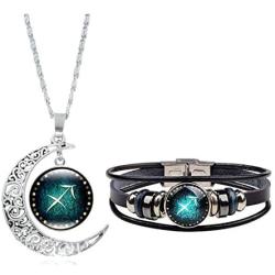 Dcfywl731 Fashion 12 Twelve Constellations Hand Woven Leather Bracelet and Moon Pendant Necklace Zodiac Sign Jewelry Set