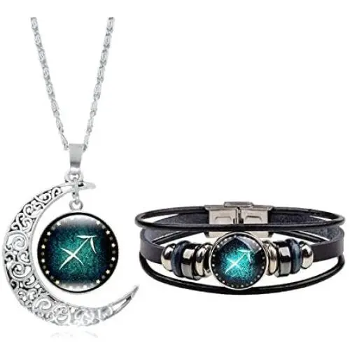 Dcfywl731 Fashion 12 Twelve Constellations Hand Woven Leather Bracelet and Moon Pendant Necklace Zodiac Sign Jewelry Set Dcfywl731 Fashion 12 Twelve Constellations Hand Woven Leather Bracelet and Moon Pendant Necklace Zodiac Sign Jewelry Set