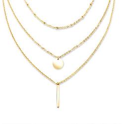 Layered Choker Necklace,18K Gold Plated Stainless Steel Cubic Zirconia Triangle Geometric Pendant Necklace Coin Disc Bar Pendant Beaded Chain Layer Necklace for Women Girls