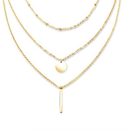 Layered Choker Necklace,18K Gold Plated Stainless Steel Cubic Zirconia Triangle Geometric Pendant Necklace Coin Disc Bar Pendant Beaded Chain Layer Necklace for Women Girls