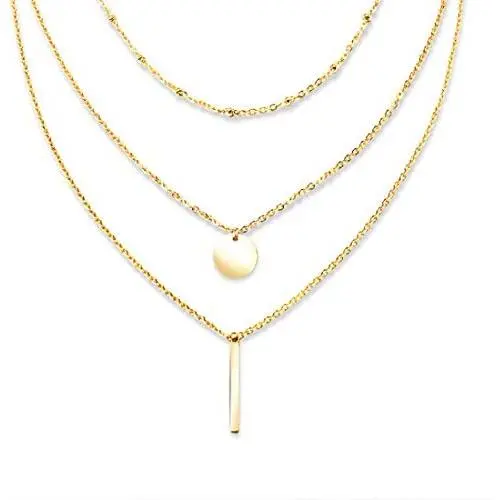 Layered Choker Necklace,18K Gold Plated Stainless Steel Cubic Zirconia Triangle Geometric Pendant Necklace Coin Disc Bar Pendant Beaded Chain Layer Necklace for Women Girls Layered Choker Necklace,18K Gold Plated Stainless Steel Cubic Zirconia Triangle Geometric Pendant Necklace Coin Disc Bar Pendant Beaded Chain Layer Necklace for Women Girls