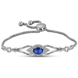 La Joya Sterling Silver with Round White Diamond Created Blue Sapphire Strand Bolo Adjustable 0.05ct Bracelet for Women’s, Girl’s gift for valentines day