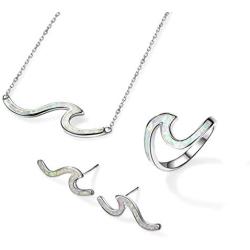 Angol 925 Sterling Silver Wave Jewelry Set, Wave Ring Necklace Earring Ocean Sea, Opal Jewelry Set with Gift Box