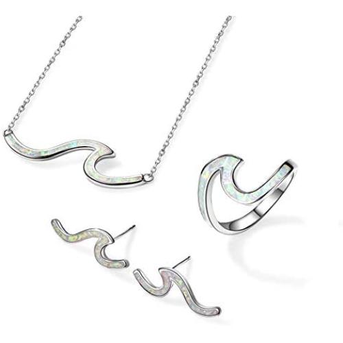 Angol 925 Sterling Silver Wave Jewelry Set, Wave Ring Necklace Earring Ocean Sea, Opal Jewelry Set with Gift Box