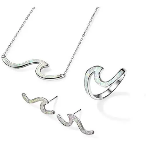 Angol 925 Sterling Silver Wave Jewelry Set, Wave Ring Necklace Earring Ocean Sea, Opal Jewelry Set with Gift Box Angol 925 Sterling Silver Wave Jewelry Set, Wave Ring Necklace Earring Ocean Sea, Opal Jewelry Set with Gift Box