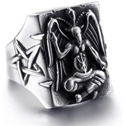 Elfasio Stainless Steel Ring for Men Satanic Baphomet Goat Satan Demon Devil Leviathan Cross Pentagram Rings Symbol Vintage Jewelry