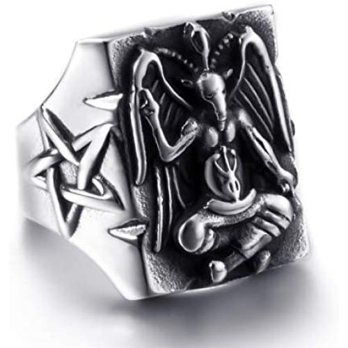 Elfasio Stainless Steel Ring for Men Satanic Baphomet Goat Satan Demon Devil Leviathan Cross Pentagram Rings Symbol Vintage Jewelry