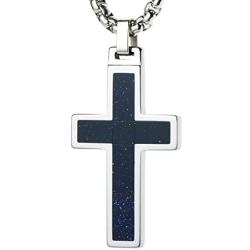 GESTALT COUTURE Unique Tungsten Cross Pendant .4mm Wide Surgical Stainless Steel Box Chain. Goldstone Inlay.