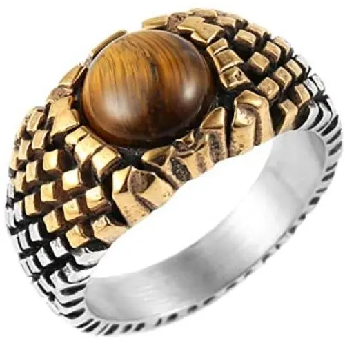 HZMAN Mens Stainless Steel Classic Brown Tiger Eye Stone Volcano Rock Silver Ring HZMAN Mens Stainless Steel Classic Brown Tiger Eye Stone Volcano Rock Silver Ring