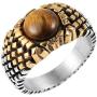 HZMAN Mens Stainless Steel Classic Brown Tiger Eye Stone Volcano Rock Silver Ring