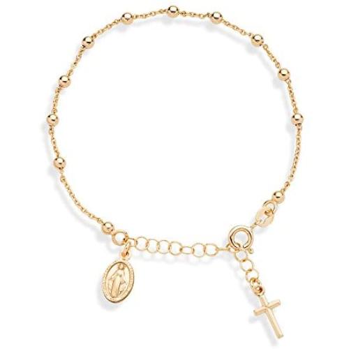 Miabella 18K Gold Over Sterling Silver Italian Rosary Cross Bead Charm Link Chain Bracelet for Women Teen Girls, Adjustable 6-7 or 7-8 Inch 925 Made in Italy