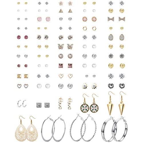 CASSIECA 59 Pairs Assorted Stud Earrings Set Multiple Simple Cute Dangle Hoops Earrings Set for Women Ball Studs Mixed Boho Jewelry Set
