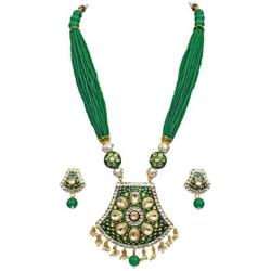 Babosa Sakhi Green Meenakari Pendant Set Jaipuri Pearl Indian Traditional Kundan Necklace Jewelry
