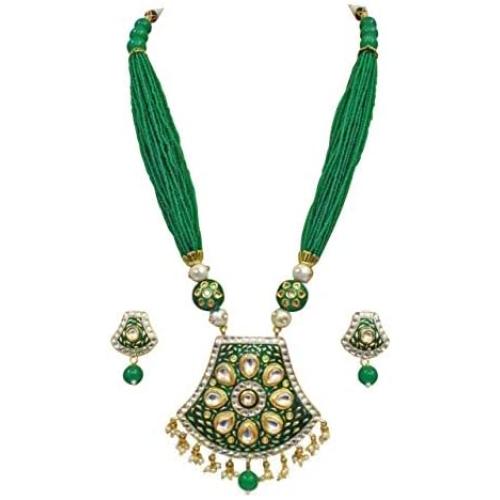 Babosa Sakhi Green Meenakari Pendant Set Jaipuri Pearl Indian Traditional Kundan Necklace Jewelry