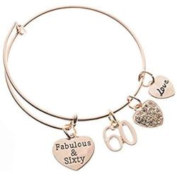 Infinity Collection 60th Birthday Charm Bangle Bracelet, Rose Gold Fabulous and Sixty Birthday Gift for Women