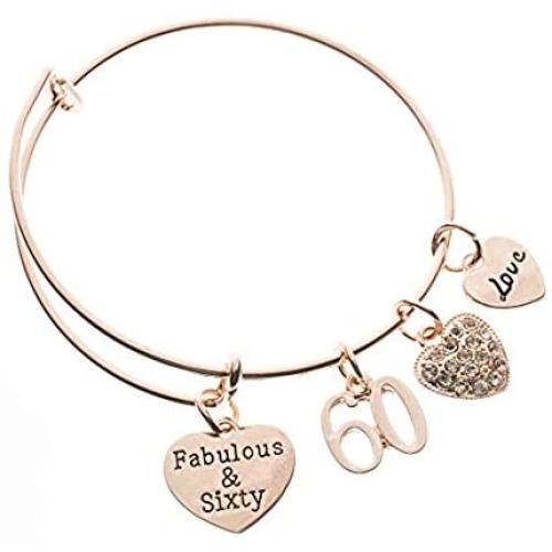 Infinity Collection 60th Birthday Charm Bangle Bracelet, Rose Gold Fabulous and Sixty Birthday Gift for Women