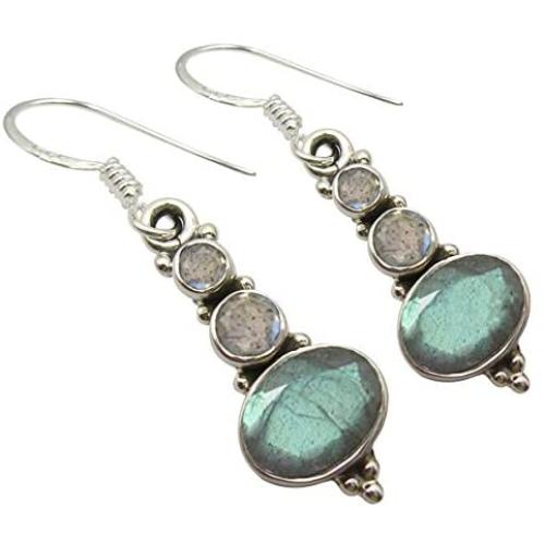 SilverStarJewel Faceted Labradorite 3 Stone French Hook Earrings 3.8 cm 925 Pure Silver