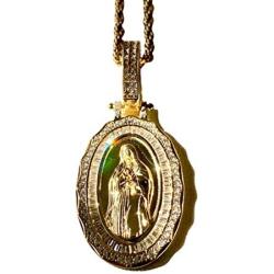 Shop-iGold Virgin Mary Men Women 925 Italy Gold Finish Iced Silver Charm Ice Out Pendant Stainless Steel Real 3 mm Rope Chain, Mans Jewelry, Iced Pendant, Rope Necklace 16''- 24''