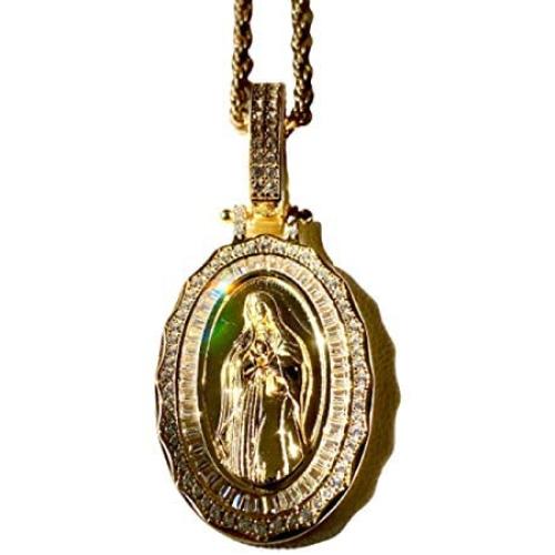 Shop-iGold Virgin Mary Men Women 925 Italy Gold Finish Iced Silver Charm Ice Out Pendant Stainless Steel Real 3 mm Rope Chain, Mans Jewelry, Iced Pendant, Rope Necklace 16''- 24''