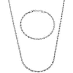 The Bling Factory 2.8mm Rhodium Plated Twisted Rope Chain Necklace + Bracelet Set, 22'' (Necklace) + 7'' (Bracelet)