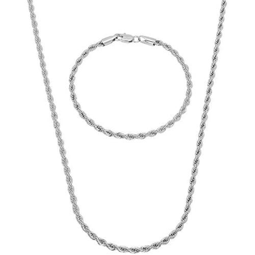 The Bling Factory 2.8mm Rhodium Plated Twisted Rope Chain Necklace + Bracelet Set, 22'' (Necklace) + 7'' (Bracelet)