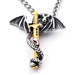 Warvik Dragon Sword Gothic Necklace Dragons Claw Pendant Steampunk, Stainless Steel Jewelry Mens Womens Wheat Chain 20/28inch