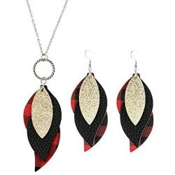 Yuhuan Womens Faux Leather Leaf Necklace Dangle Earrings Red Plaid Multi Layers Jewelry Set