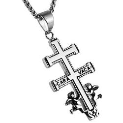 HZMAN Religious Stainless Steel Cruz De Caravaca Double Cross with Angels Pendant Necklace