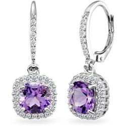 Sterling Silver Genuine or Synthetic Gemstone Cushion-Cut Dangle Halo Leverback Earrings for Women