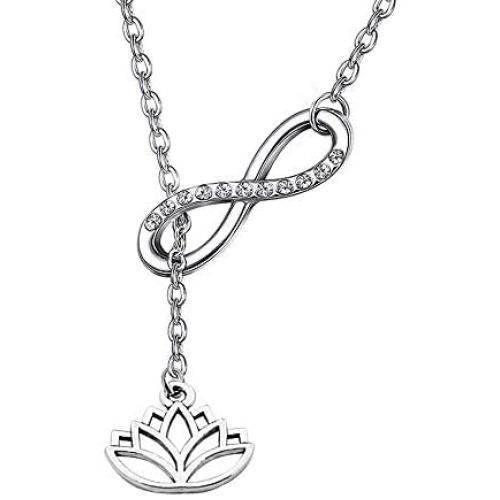 FUSTMW Yoga Lotus Flower Y Necklace Infinity Love Pendant Yoga Lovers Jewelry Yogi Gifts (Silver)