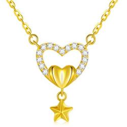 18k Gold Double Heart Necklace, Cubic Ziconia Heart and Star Pendant, Fine Gold Jewelry for Women, 17''