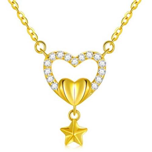 18k Gold Double Heart Necklace, Cubic Ziconia Heart and Star Pendant, Fine Gold Jewelry for Women, 17''