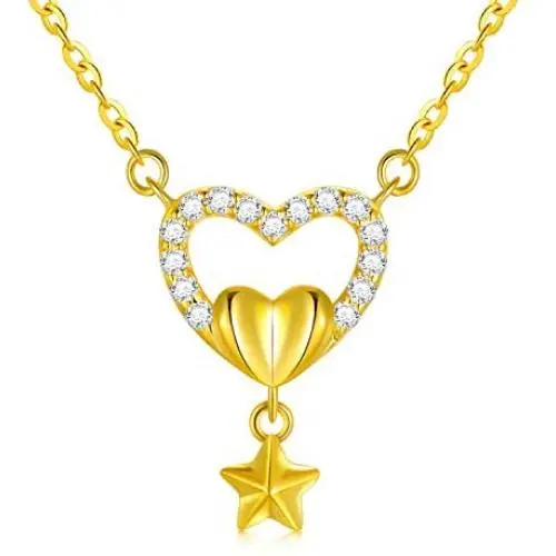 18k Gold Double Heart Necklace, Cubic Ziconia Heart and Star Pendant, Fine Gold Jewelry for Women, 17'' 18k Gold Double Heart Necklace, Cubic Ziconia Heart and Star Pendant, Fine Gold Jewelry for Women, 17''