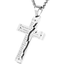 HZMAN Mens Stainless Steel Jesus Christ Crucifix Cross Lords Prayer Pendant Necklace